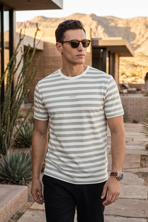 Çizgili Pamuklu Relaxed Fit Bisiklet Yaka Erkek T Shirt 5904078 ELMA YEŞİLİ