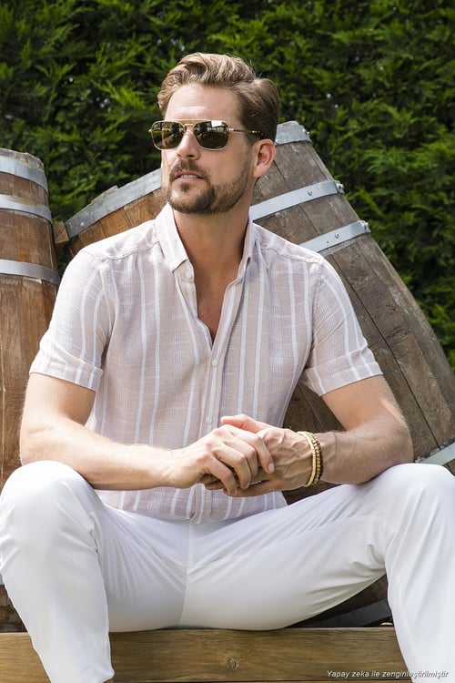 Çizgili Pamuklu Slim Fit Kısa Kollu Erkek Gömlek CF23S116097 TAŞ