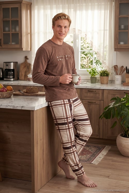 Çizgili Yumuşak Dokulu Bisiklet Yaka Polar Erkek Pijama Takımı 6097066 CAMEL