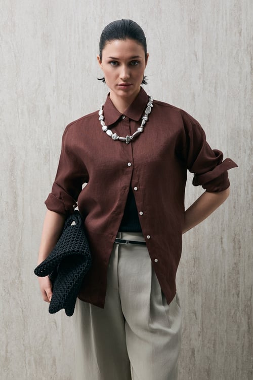 Comfort Fit Klasik Yaka Uzun Kollu Keten Kadın Gömlek 121010016 AÇIK KAHVE