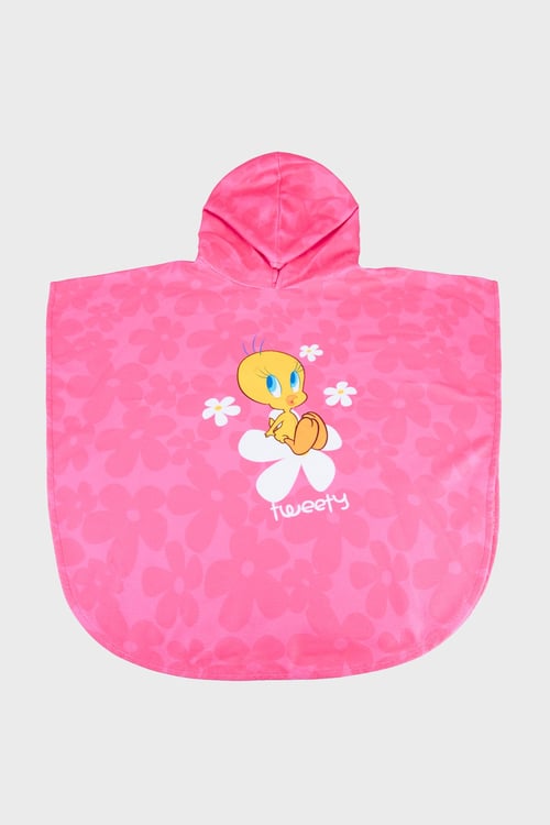Daisyloo Baskılı Pamuklu Kapüşonlu Havlu Kız Çocuk Panço SP2612050002 PEMBE
