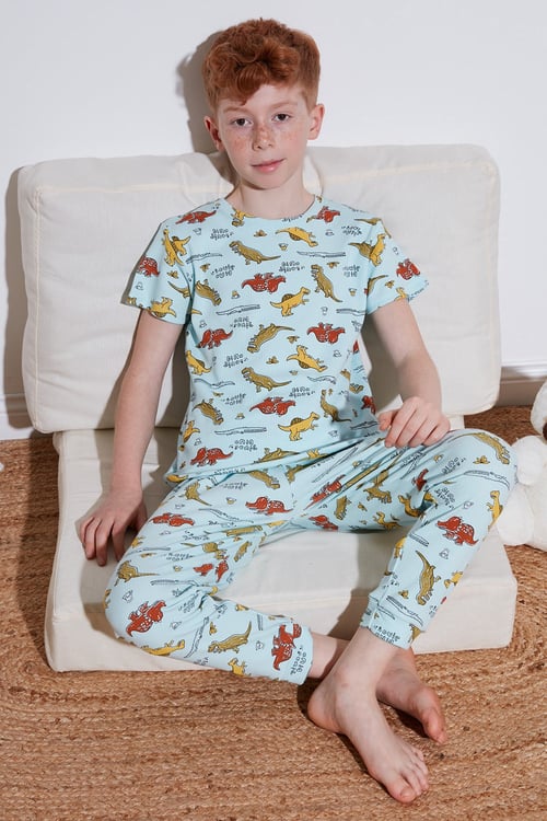 Desenli % 100 Pamuk Bisiklet Yaka Erkek Çocuk Pijama Takımı 6651001 MİNT