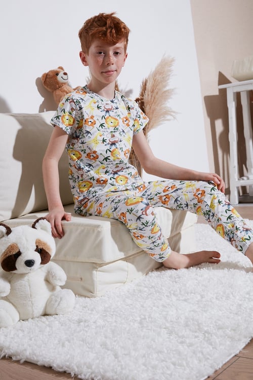 Desenli % 100 Pamuk Bisiklet Yaka Erkek Çocuk Pijama Takımı 6651003 EKRU-SARI