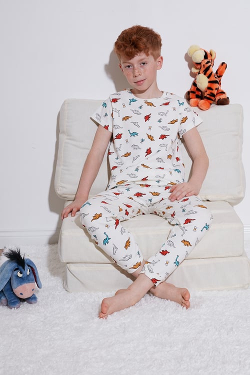 Desenli % 100 Pamuk Bisiklet Yaka Erkek Çocuk Pijama Takımı 6651001 EKRU-KIRMIZI