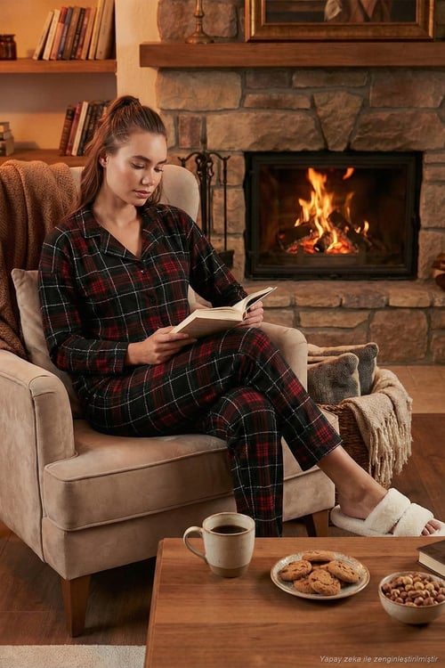 Desenli Beli Lastikli Gömlek Yaka Dokuma Kadın Pijama Takımı 6095660W4 ANTRASİT-KIRMIZI