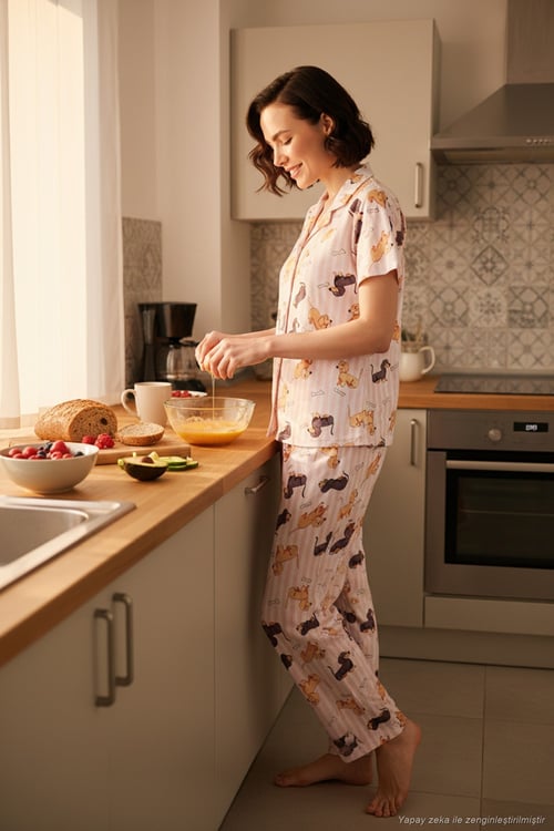 Desenli Kısa Kollu Beli Lastikli Gömlek Yaka Dokuma Regular Fit Kadın Pijama Takımı 6571010 PEMBE