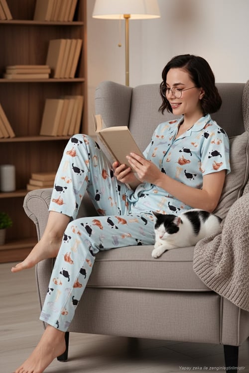 Desenli Kısa Kollu Beli Lastikli Gömlek Yaka Dokuma Regular Fit Kadın Pijama Takımı 6571010 MİNT