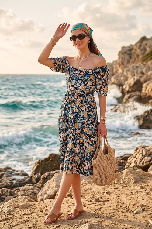 Desenli Oversize Fit Carmen Yaka Büzgü Detaylı Midi Boy Kadın Elbise 6782169 LACİVERT