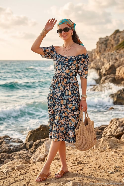 Desenli Oversize Fit Carmen Yaka Büzgü Detaylı Midi Boy Kadın Elbise 6782169 LACİVERT