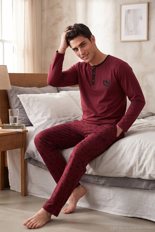 Desenli Pamuklu Düğmeli Bisiklet Yaka Erkek Pijama Takımı 6575002 BORDO