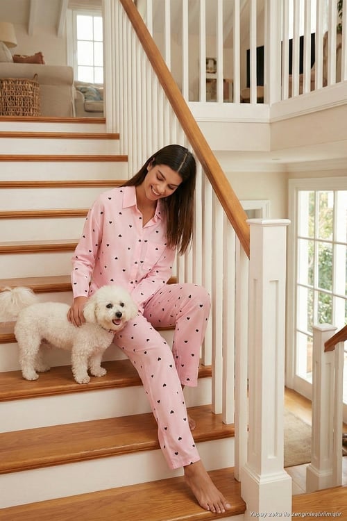 Desenli Rahat Kesim Bol Paça Yazlık Kadın Pijama Takımı 6110014 TOZ PEMBE