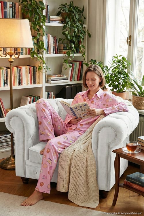 Desenli Rahat Kesim Bol Paça Yazlık Kadın Pijama Takımı 6110014 Şeker Pembe