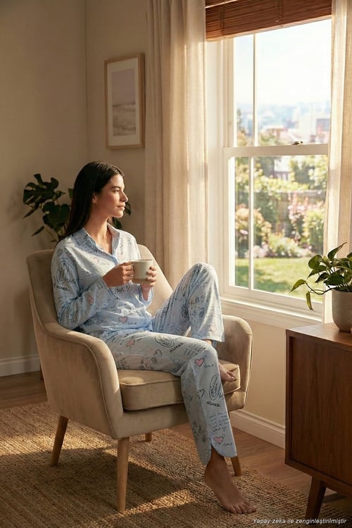 Desenli Rahat Kesim Bol Paça Yazlık Kadın Pijama Takımı 6110014 AÇIK MAVİ
