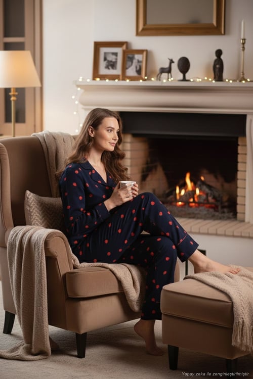 Desenli Reguar Fit Yumuşak Dokulu Kışlık Rahat Kadın Pijama Takımı 611PT288Y LACİVERT
