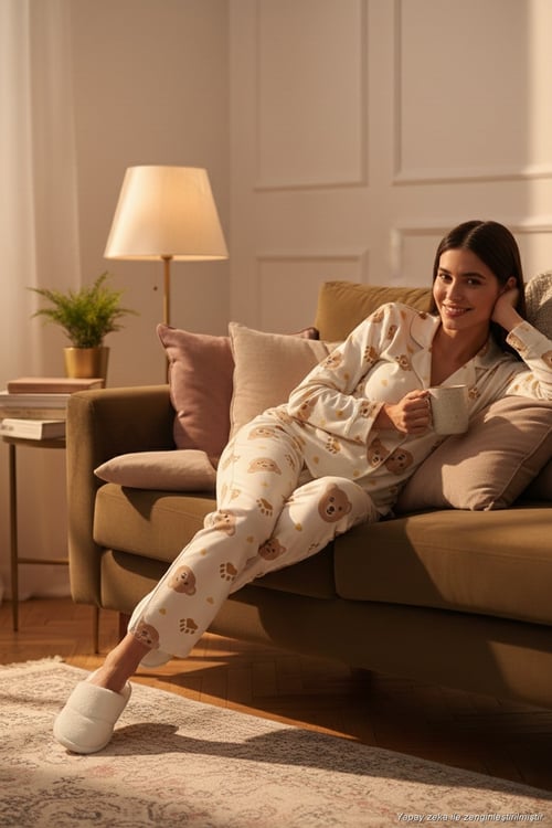 Desenli Reguar Fit Yumuşak Dokulu Kışlık Rahat Kadın Pijama Takımı 611PT288Y BEJ