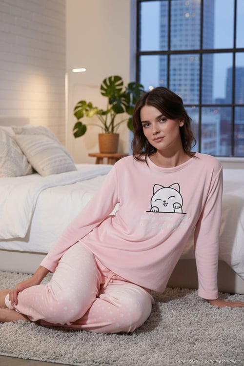 Desenli Regular Fit Bisiklet Yaka Uzun Kollu Kadın Pijama Takımı 65713312 PEMBE