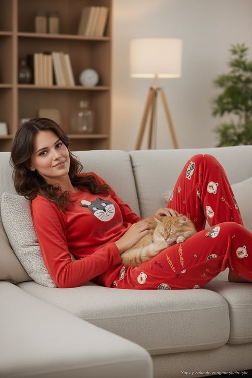 Desenli Regular Fit Bisiklet Yaka Uzun Kollu Kadın Pijama Takımı 65713312 KIRMIZI
