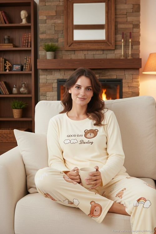 Desenli Regular Fit Bisiklet Yaka Uzun Kollu Kadın Pijama Takımı 65713312 SARI