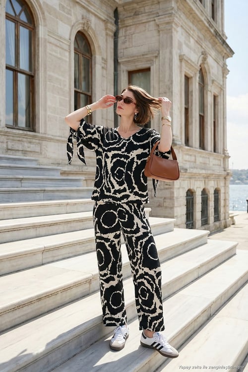 Desenli Regular Fit Truvakar Kol V Yaka Alt-Üst Kadın Takım 5865357 SİYAH