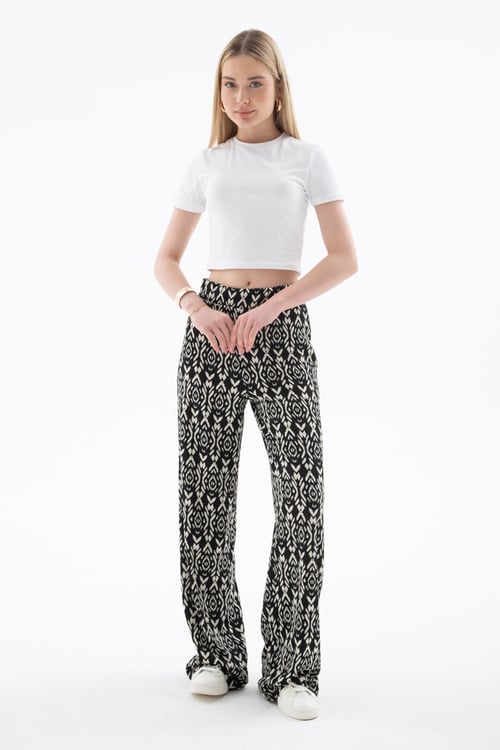 Desenli Regular Fit Yüksek Bel Bol Paça Kadın Pantolon 25Y0179K1 SİYAH