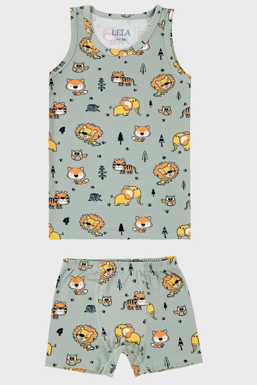 Desenli Streç Pamuklu Bisiklet Yaka Atlet Boxer 2'li İç Giyim Erkek Çocuk Takım 6651010 AÇIK HAKİ