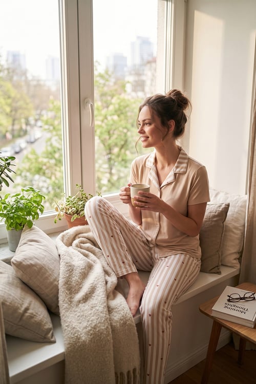 Desenli Yumuşak Dokulu Kısa Kollu Kadın Pijama Takımı 65750120 BEYAZ-KAHVE
