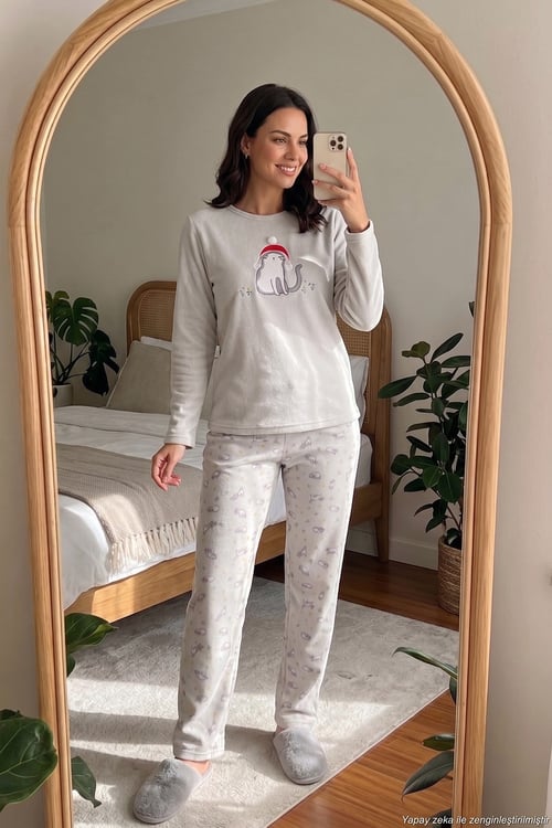 Desenli Yumuşak Dokulu Kışlık Polar Kadın Pijama Takımı 6575031 GRİ
