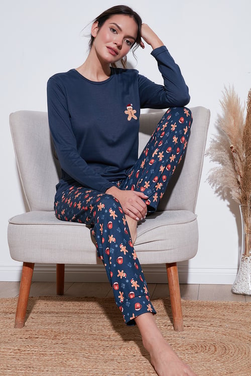 Desenli Yumuşak Dokulu Regular Fit Beli Lastikli Bisiklet Yaka Rahat Kadın Pijama Takımı 65714101 LACİVERT