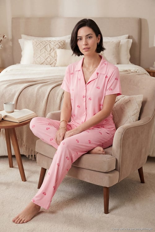 Desenli Yumuşak Dokulu Regular Fit Düğmeli Kısa Kollu Kadın Pijama Takımı 65750101Y AÇIK PEMBE