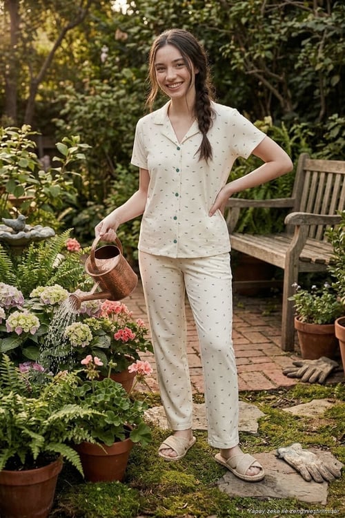Desenli Yumuşak Dokulu Regular Fit Düğmeli Kısa Kollu Kadın Pijama Takımı 65750101Y EKRU-YEŞİL