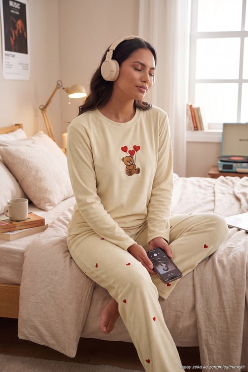 Desenli Yumuşak Dokulu Uzun Kollu Kadın Pijama Takımı 65750155 BEJ