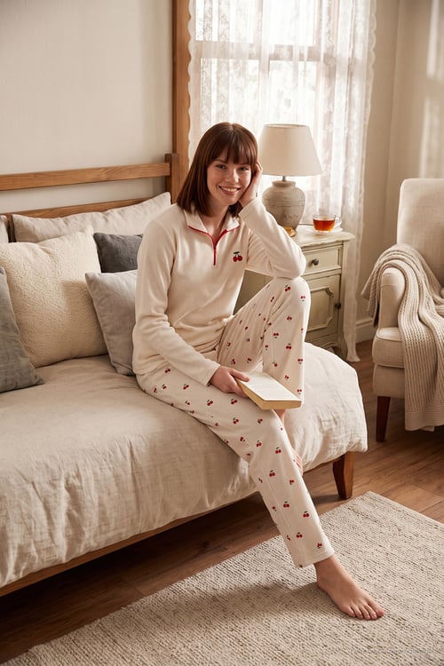 Desenli Yumuşak Dokulu Yarım Fermuarlı Dik Yaka Kadın Pijama Takımı 6575017 KREM