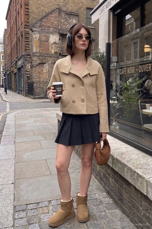 Dik Yaka Düğmeli Kısa Kadın Kaşe Mont 611AW115 CAMEL