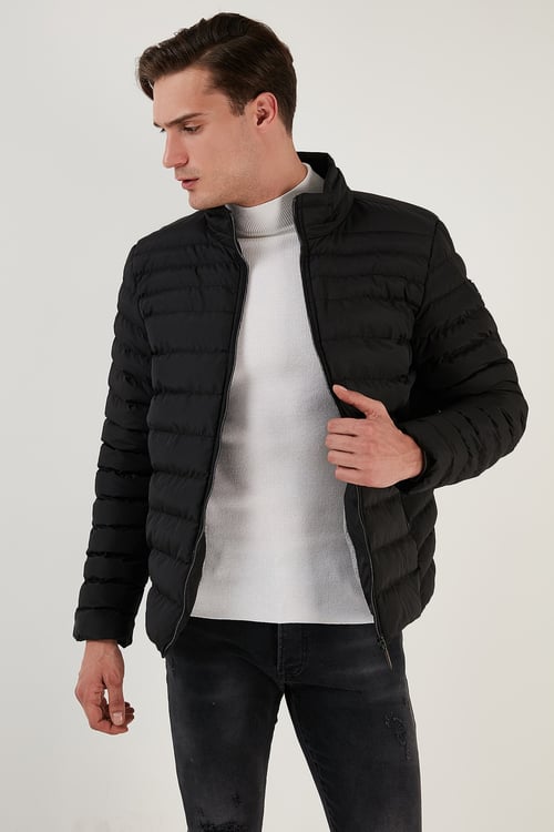 Dik Yaka Fermuarlı Cepli Slim Fit Şişme Erkek Mont 649002 SİYAH