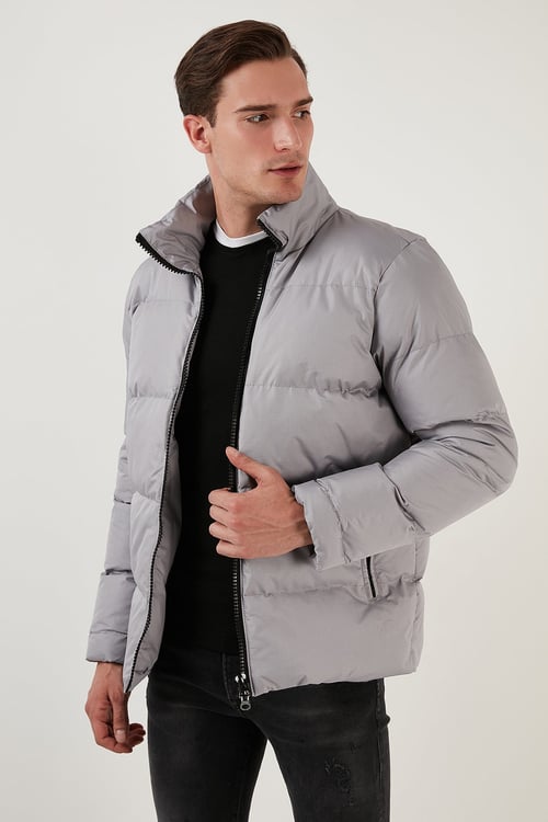 Dik Yaka Fermuarlı Suya ve Rüzgara Karşı Dayanıklı Slim Fit Şişme Erkek Mont 649004 AÇIK GRİ