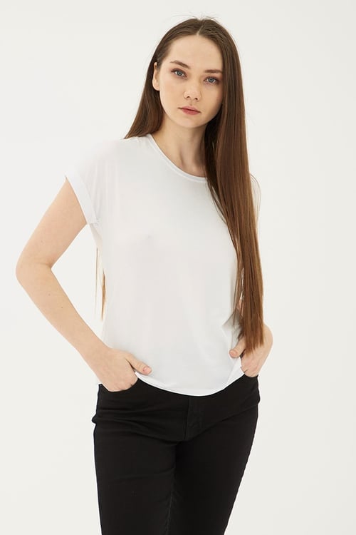 Dökümlü Bisiklet Yaka Basic Kadın T Shirt 26Y0194K1 EKRU