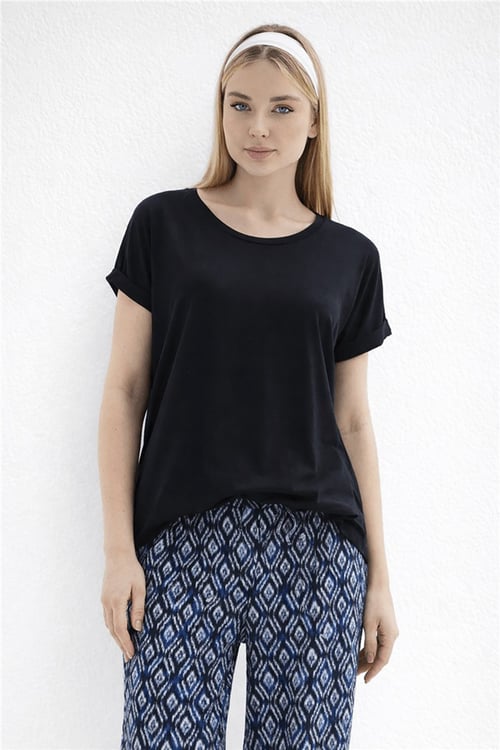 Dökümlü Bisiklet Yaka Basic Kadın T Shirt 26Y0194K1 LACİVERT