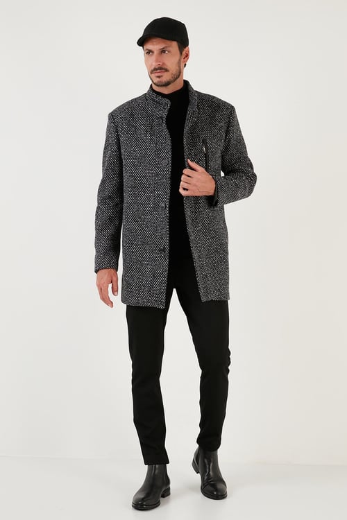 Düğmeli Dik Yaka Kırçıllı Slim Fit Kaşe Erkek Kaban 5841016 Siyah Noktalı