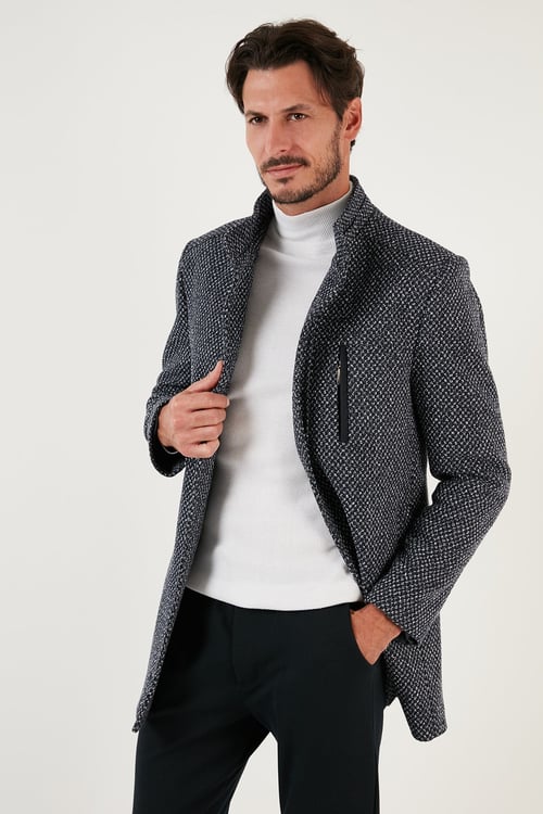 Düğmeli Dik Yaka Kırçıllı Slim Fit Kaşe Erkek Kaban 5841016 Lacivert Noktalı