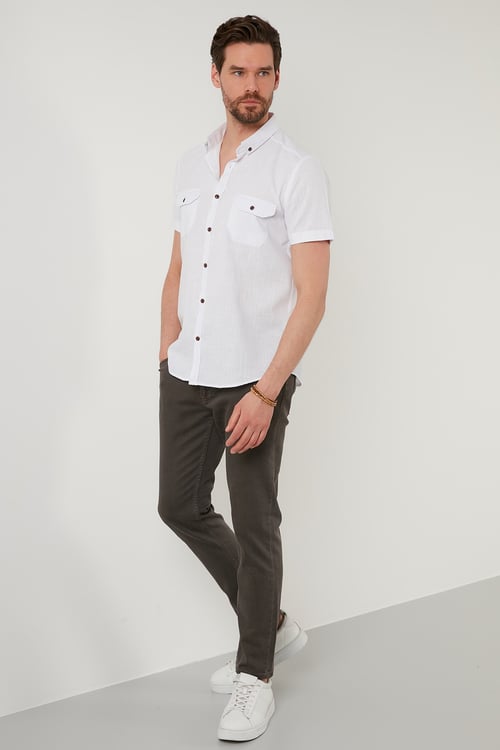 Düğmeli Yaka Pamuklu Slim Fit Cepli Erkek Gömlek CF21S111153 BEYAZ