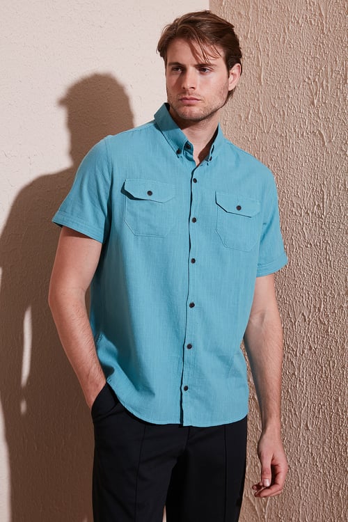 Düğmeli Yaka Pamuklu Slim Fit Cepli Erkek Gömlek CF21S111153 PETROL