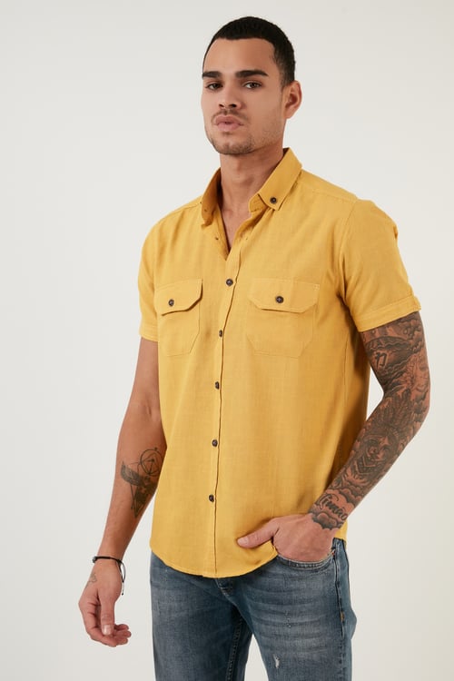 Düğmeli Yaka Pamuklu Slim Fit Cepli Erkek Gömlek CF21S111153 HARDAL