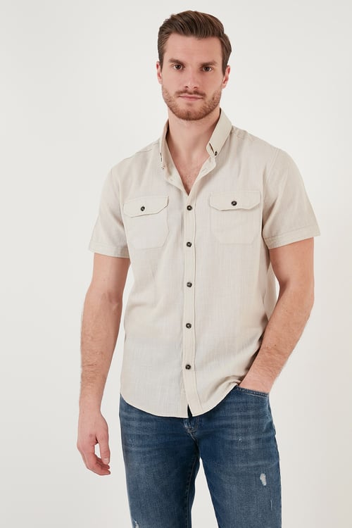 Düğmeli Yaka Pamuklu Slim Fit Cepli Erkek Gömlek CF21S111153 TAŞ