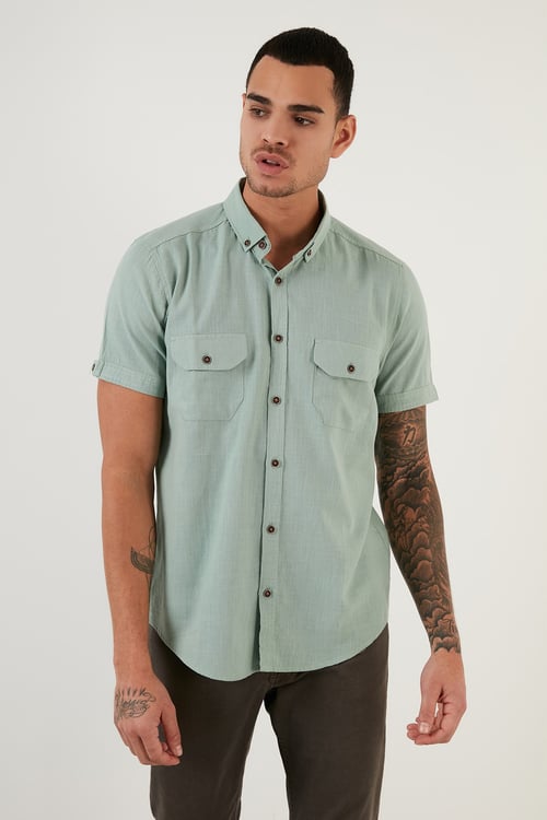 Düğmeli Yaka Pamuklu Slim Fit Cepli Erkek Gömlek CF21S111153 ELMA YEŞİLİ