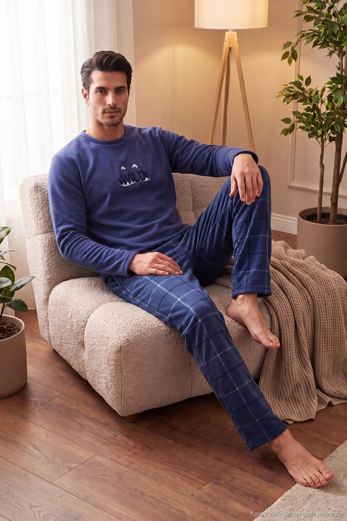 Ekoseli Bisiklet Yaka Yumuşak Dokulu Polar Erkek Pijama Takımı 6097064 İNDİGO