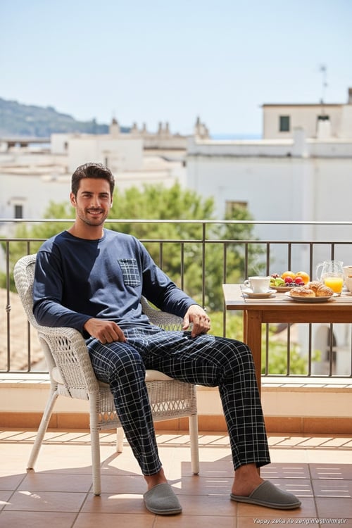 Ekoseli Cepli Beli Lastikli % 100 Pamuk Regular Fit Erkek Pijama Takımı 6572001 LACİVERT-YEŞİL