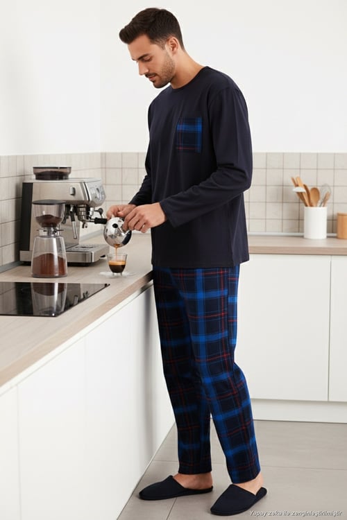 Ekoseli Cepli Beli Lastikli % 100 Pamuk Regular Fit Erkek Pijama Takımı 6572001 LACİVERT-SAKS