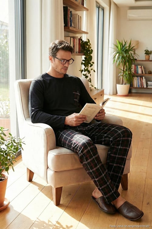 Ekoseli Cepli Beli Lastikli % 100 Pamuk Regular Fit Erkek Pijama Takımı 6572001 SİYAH