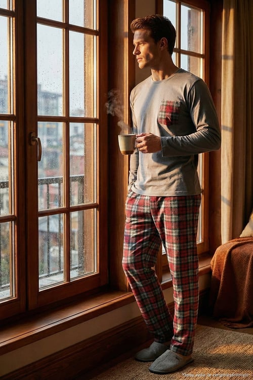 Ekoseli Cepli Beli Lastikli % 100 Pamuk Regular Fit Erkek Pijama Takımı 6572001 ANTRASİT