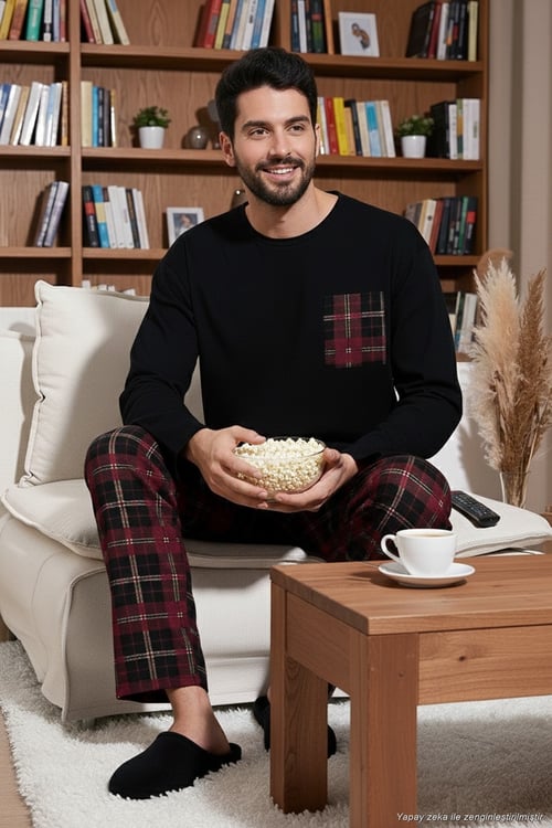 Ekoseli Cepli Beli Lastikli % 100 Pamuk Regular Fit Erkek Pijama Takımı 6572001 SİYAH-BORDO